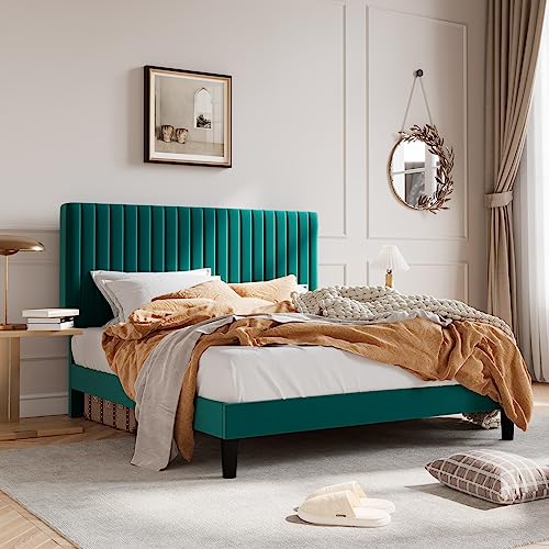 Image of SHA CERLIN Full Upholstered Platform Bed Frame with Vertical Channel Tufted Velvet Fabric Adjustable Headboard, Wooden Slats Support, Mattress Foundation, Box Spring Optional, Teal