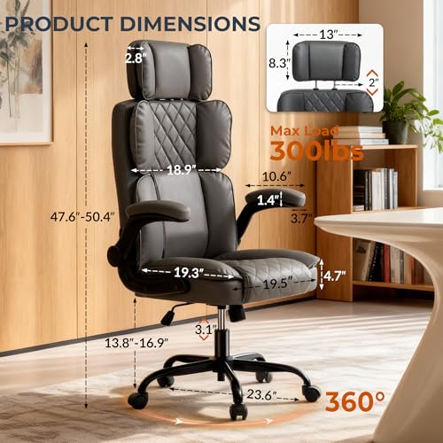 Image of Office Chair with Adjustable Headrest - Executive Leather Desk Chair for Home Office, with Flip-Up Arms & Ergonomic Lumbar Support, Perfect for Work and Study, Gray