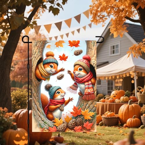 Image of BlissYard Fall Garden Flag 12x18 Inch Squirrel Pinecones Autumn Yard Decor | Double sided polyester, autumn harvest design, cozy woodland decor for Thanksgiving porch and yard