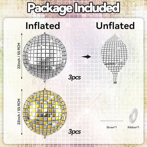 Image of 6pcs 22 Inch Gold and Silver Disco Ball Balloons, Silver Big Disco Balloons, Gold 4d Large Foil Aluminum Balloon For Birthday Baby Shower 70s 80s 90s Theme Party Wedding Engagement Graduation Decor