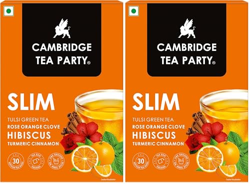 Image of Cambridge Tea Party Slim 30 Tea Bags, Hibiscus Clove Orange Rose Turmeric Cinnamon Tulsi Green Tea (immunity booster with natural vitamins, cleanse, cold relief, weight loss, slim, skin glow)