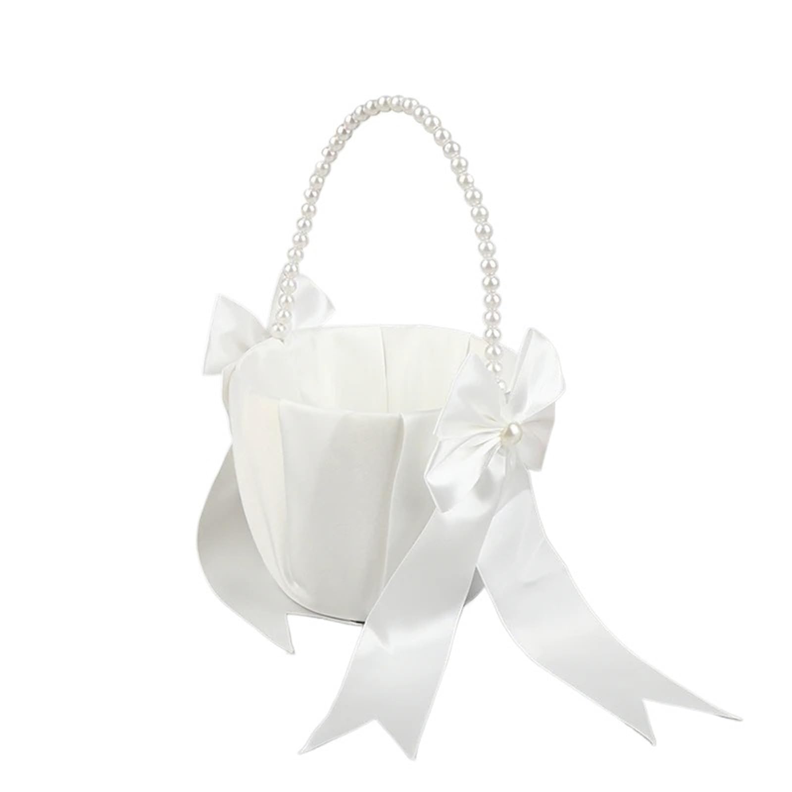 Flower Girl Bow Basket Pearl Handle Satin White