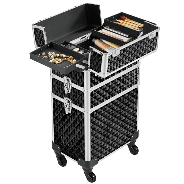 Valigia Valigetta Porta Trucchi 3 in 1 Grande Trolley Professionale Makeup Beauty Case Estetista da Viaggio con Ruote Nero