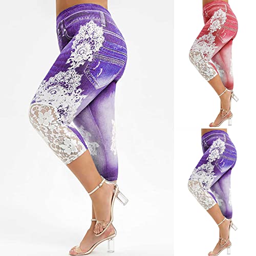 Fake Jeans Capri Leggings For Women Plus Size Lace Floral Skinny Stretch Yoga Pants High Waist Summer Capris #TOP5