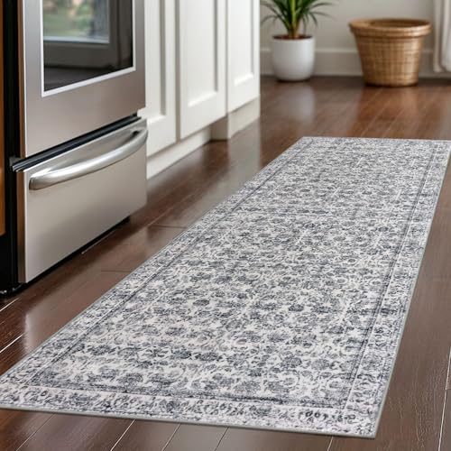 2x5 Washable Rug Grey Blue Small Area Rug for Entryway, Soft Non-Slip Indoor Door Mat Distressed Floral Low-Pile Kitchen Rugs, Neutral Vintage Carpet for Entrance Bedside Farmhouse