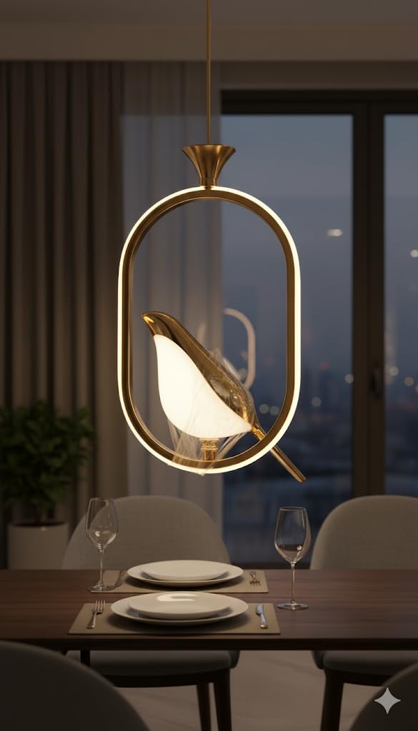 BENHEK Premium Modern LED Hanging Light for Living Room, Bedroom, Dining, Hall & Office | Decorative Golden Pendant Ceiling Lamp for Home Décor, Stylish Ceiling Lights (Bird Hanging, Medium)-image-10