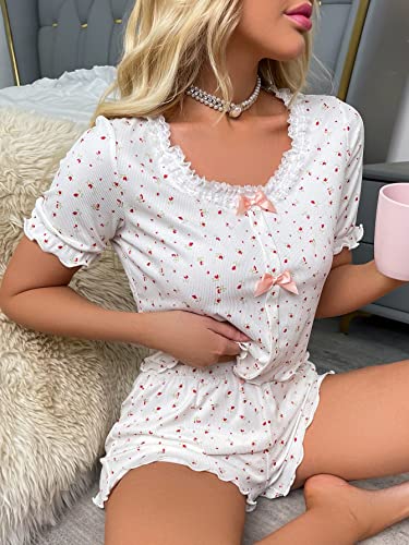 Verdusa Women's 2 Piece Loungewear Pajama Sets Floral Print Lace Trim Bow Short Sleeve Top And Shorts Sets White M #TOP4