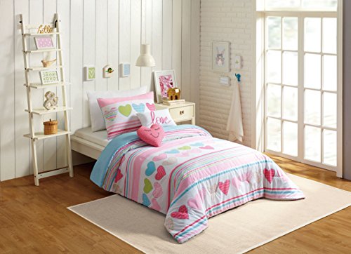 URBAN PLAYGROUND Daphne Hearts Kids Girls Cotton 4-Pc Comforter Set (Includes 2 Pillows), Twin Size