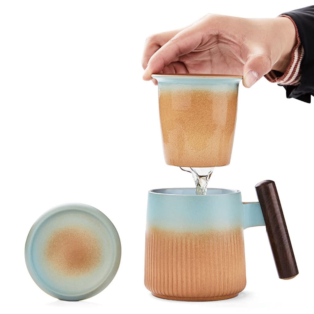 HSQMA Teebecher Mit Deckel, Keramik Teetasse Mit Deckel Porzellan Sieb Becher Aus Steinzeug Für Losen Tee Oder Teebeutel 360ml Keramik Teetasse Mit Holzgriff Schwarz
