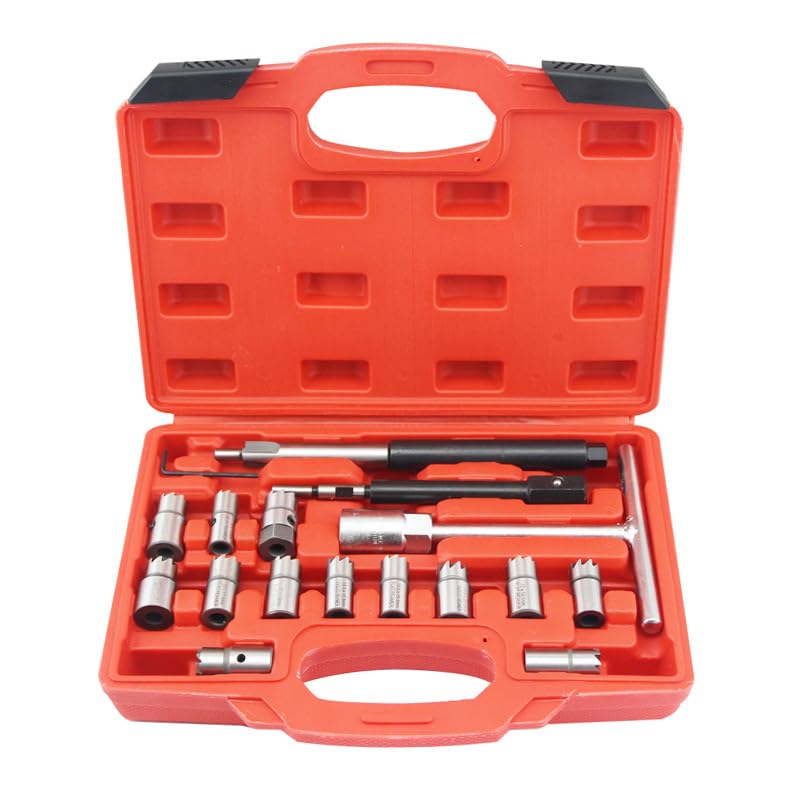 Alltooetools 17pc Diesel Injector Seat Cutter Tool Injectors Seat Cleaning Kit Compatible with Delphi Bosch