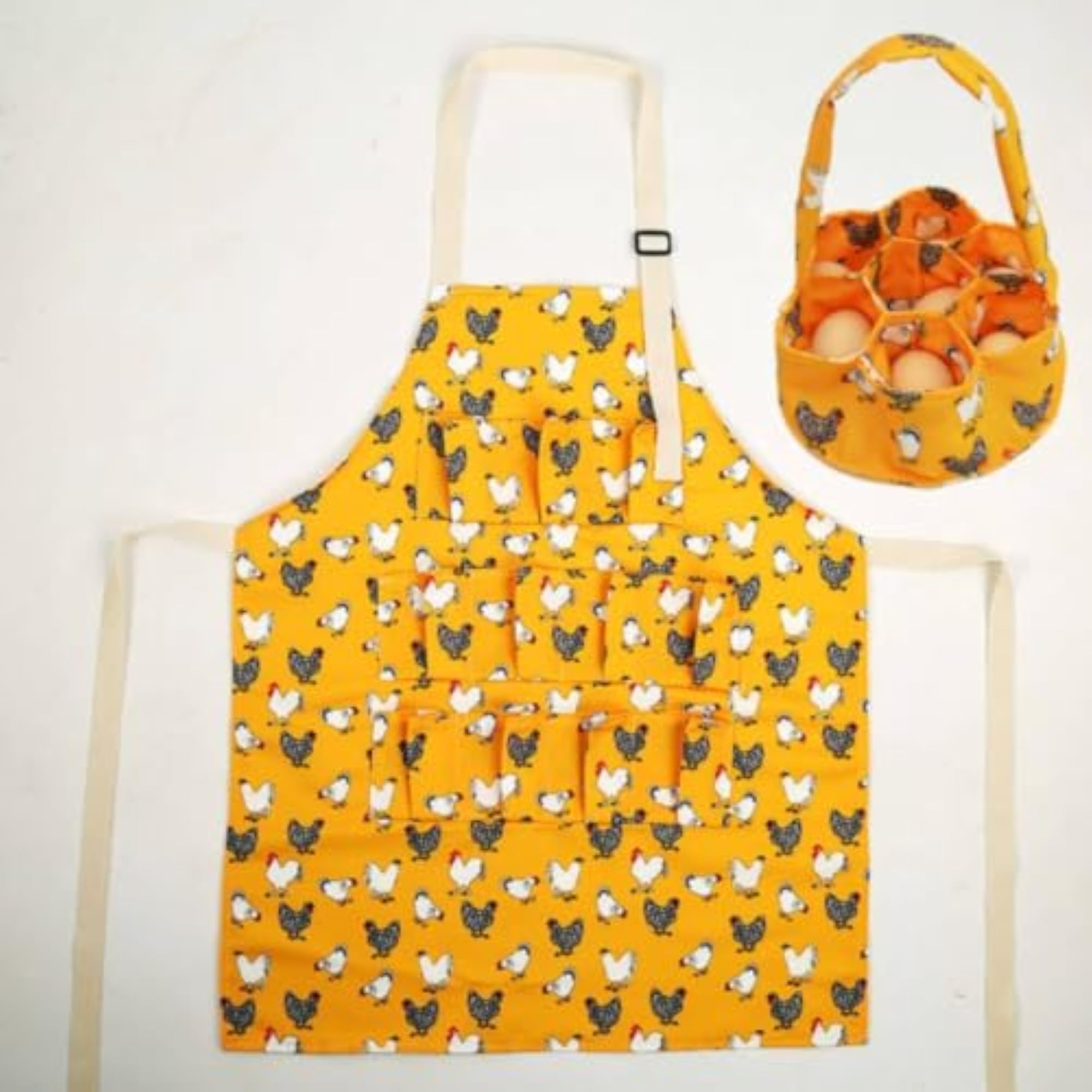 Stitched Pockets Egg Collecting Bib Apron, Adjustable