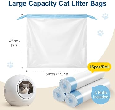 45PCS Cat Litter Bags for Automatic Litter Tray, 45x50cm Self Cleaning Litter Box Liners with Drawstring, Tear Resistant and Leak Proof Cat Tray Liners, 3 Rolls