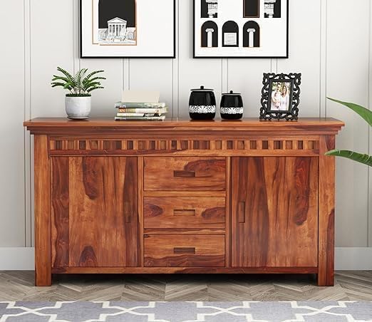 Solid Sheesham Wood Sideboard Storage Cabinet with 3 Drawers and 3 Doors | Spacious Wooden Buffet Cabinet for Dining Room, Living Room & Home Storage | Natural Honey Finish-image-29
