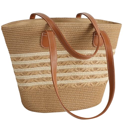 Straw Beach Bags For Women, Large Straw Handbags for Women Woven Shoulder Purses Summer Shopping Travel Tote Bag