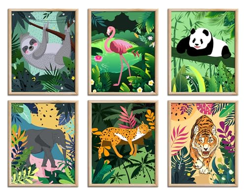 Jungle Safari Animal Wall Art Prints Poster,Tropical Nordic Safari Animal Wall Art,leopard Tiger Flamingo Tiger Palm Botanical Leaves Canvas Prints for Living Room Bedroom children's room decor,Set of