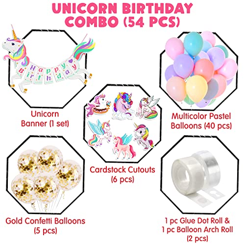 54 Piece Unicorn Birthday Decoration kit Items nicorn Birthday Paper Banner Supplies Combo for Unicorn Pastel Balloons