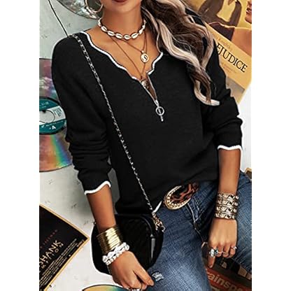 Hongqizo Women's V Neck Long Sleeve Sweater Half Zipper Knit Sweater Casual Cricket Stripe Jumper Pullover Knit Tops - Image 4