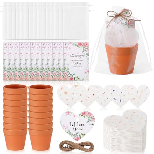 Dunzoom 50 Sets Wedding Gifts for Guests Heart Shaped Seed Paper Baby Shower Seed Packet Party Favor Plantable Paper Thank You Cards Mini Terracotta Pots and Organza Bags for Bridal Shower Party Favor