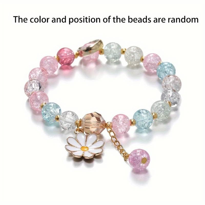 Image of El Regalo 1 PC Dailsy Flower Sparkly Crystal Beads Tassel Bracelet for Girls /Teens /Women- Cute Crackle Beads Daisy Flower Stretch Bracelet