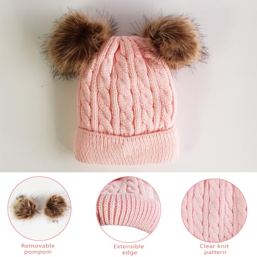 3Pcs Kids Beanie Hat Scarf Gloves Set, Toddler Winter Hat with Pom Warm Knit Neck Gaiter Fleece Lined Thermal Sets for Girls2
