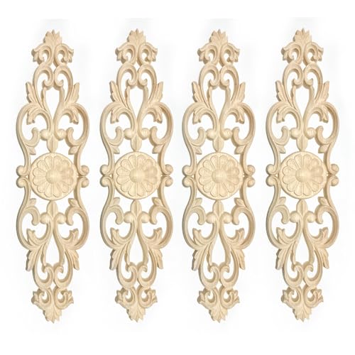 4 Pcs Wood Appliques Onlays Wood Appliques for Furniture Decorative Wooden Carved Onlay Decal Trim Appliques 3 x 13 inch Long Unpainted for Cabinet Bed Door Wardrobe Closet DIY Furniture Decoration