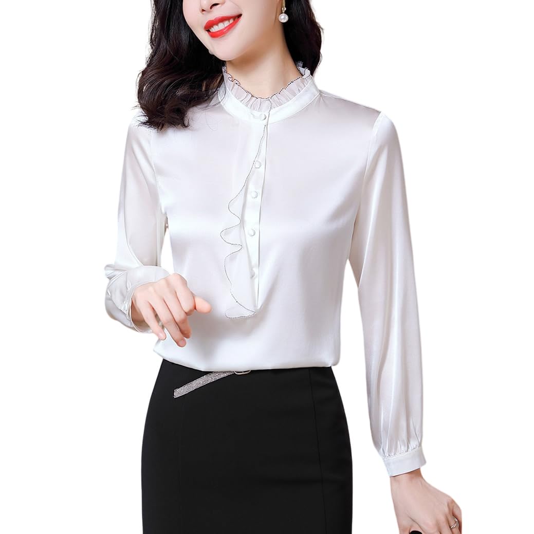 DISSA Blusa de seda para mujer, cuello alto, blusa de manga larga, camisa de seda con volantes, S9223