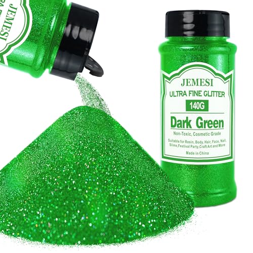 Purpurina Holográfica Ultrafina Verde Oscuro de 140g, Purpurina Cosmética Iridiscente para Cabello, Rostro, Cuerpo, Uñas y Maquillaje Navideño. Ideal para resina, vidrio y manualidades.
