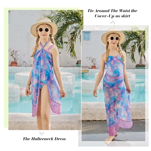 uideazone Girls One Piece Swimsuit with Cover Up Wrap Skirt Set Cool Printed Two Piece Bathing Suit 6-12T2