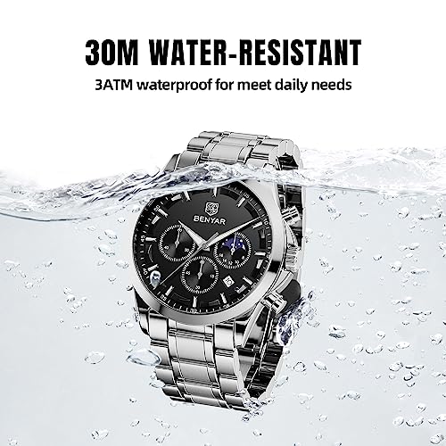 BY BENYAR Uhren Herren Chronograph Analog Quarz Wasserdicht Armbanduhr Herren Mode Lässig Business Herrenuhr mit Kalender Lederarmband/Edelstahlarmband Uhr Geschenk für Männer – Bild 5