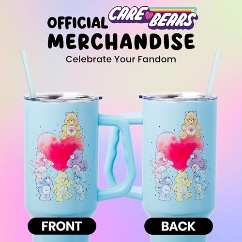 Image of Silver Buffalo Care Bears Watercolor Featuring Tenderheart, Cheer, Grumpy, Funshine, Bedtime, Share Bear Double Walled Stainless Steel Tumbler w Handle & Straw, Fits in Standard Cup Holder, 40 Ounces