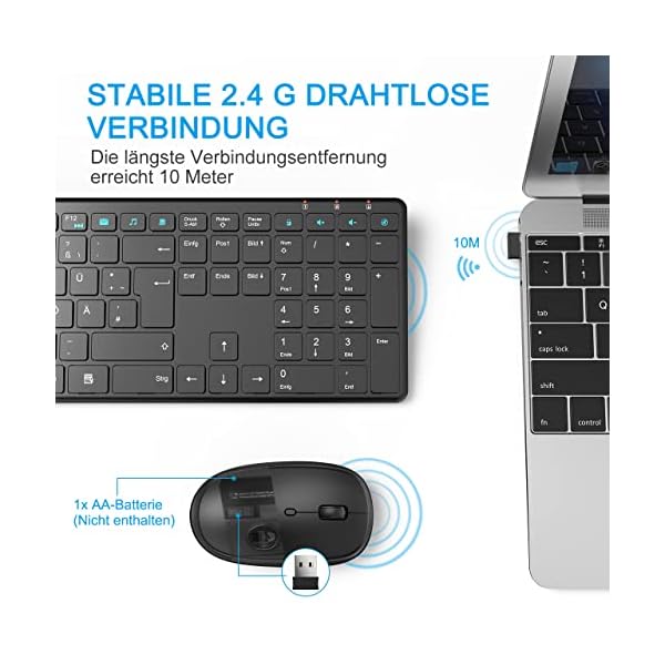 Tastatur Maus Set Kabellos, 2,4GHz Ultra Dünn Silent Ergonomic Tastatur und Maus Kabellos mit 19 Multimedia Shortcuts… – Bild 5