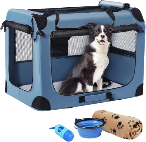 Petprsco Tragbare Hundebox, zusammenklappbare Hunde-Reisebox, 81 x 58 x 58cm, mit weicher Decke, Faltbarer Schüssel und einem Kotbeutel mit Spender für mittelgroße und große Hunde