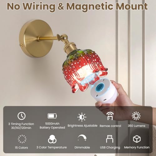 Image of Vintage Battery Operated Wall Sconce:Set of 2 Rechargeable Strawberry Light | 5000mAh Flower Glass Cordless Mounted Lighting, Wireless Dimmable Powered Gold Sconces, Remote Control, Bedroom Bedside Decor