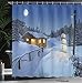 Ambesonne Christmas Shower Curtain, Wooden Rustic Log Cottage Scenery in The Winter Season Warm Moonlight, Cloth Fabric Bathroom Decor Set with Hooks, 69