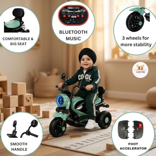 Image of Retro Bike for Kids Ride On Battery Operated Motorcycle | Rechargeable Electric Bike with Foot Accelerator, LED Light, Music, 3 Wheels, Stable Ride | Toy for Boys Girls Age 1-3 Years Green