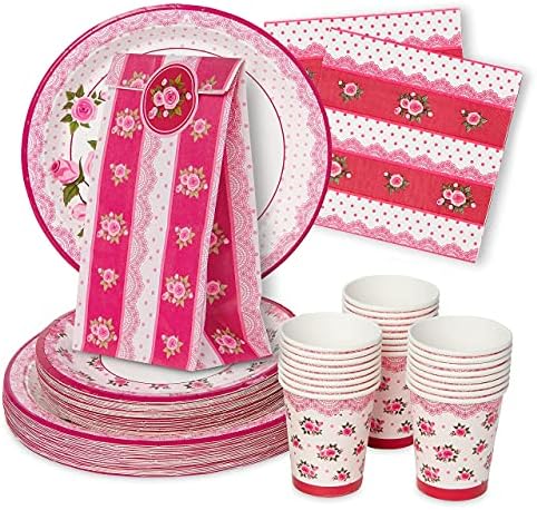Rose Floral Party Supplies - 9 and 7 in Paper Plates, Paper Cups, Napkins, and Favor Bags, great for Easter, Mother's Day and Spring Parties