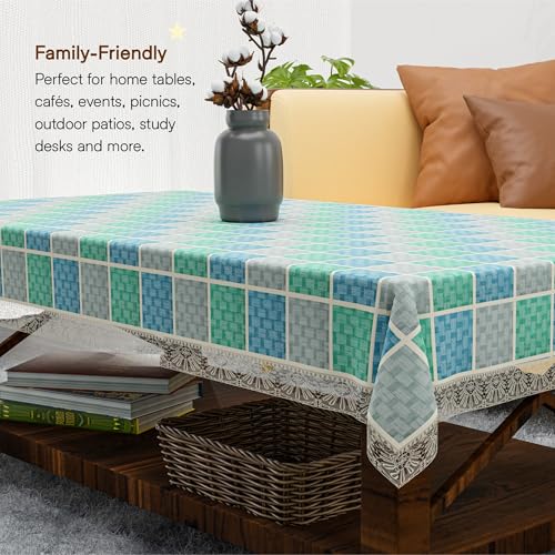 Image of Kuber Industries 40x60 Inch PVC Center Table Cover 4 Seater for Living Room and Home Decor | Waterproof and Anti-Slip Teapoy Cover | Table Protector Sheet | Check - Grey & Blue