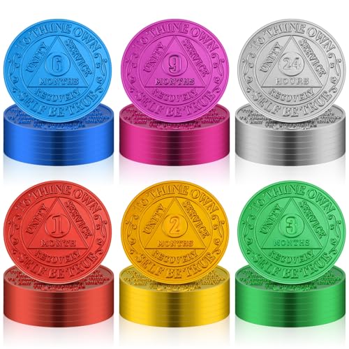 Siifert 36 Pcs Recovery AA Chips and Medallions Bulk Sobriety Chips AA Tokens Alcoholics Anonymous Medallion Aluminum 6 Each 1 2 3 6 9 Month and 24 Hour Commemorative Lot Colored, (SHN-Siifert-194)