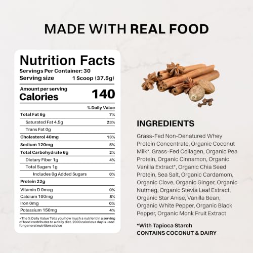 Image of JUST INGREDIENTS Chai Protein Powder - 30-Serving Blend with 100% Grass-Fed Whey & Organic Plant Proteins - Warm Spice Flavor with Cinnamon, Ginger & Cardamom - Supports Muscle Recovery, Energy*