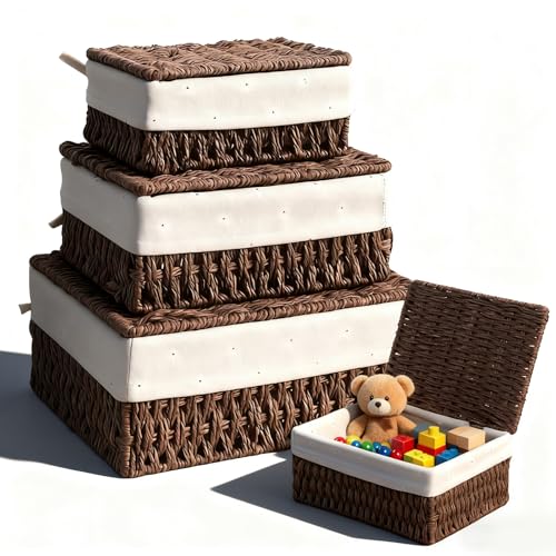 Baskets for Shelves, 3Pcs Wicker Storage Basket Decorative Woven Storage Boxes with Lids and Inner Lining Large Capacity Rattan Basket Bathroom Baskets for Toiletries Clothing
