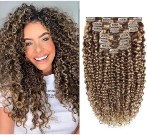 Clip in Human Hair Extensions Afro Jerry Curly 3B 3C Real Hair Clip in Extensions For Black Women Natural Black Color 100% Brazilian African American Hair Extensions (14 inch, Jerry Curly #P4/27)