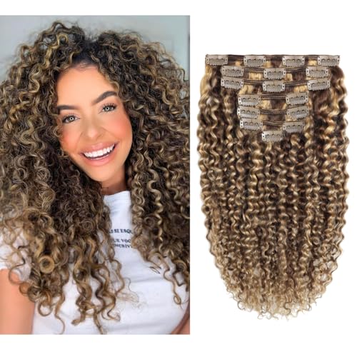 Clip in Human Hair Extensions Afro Jerry Curly 3B 3C Real Hair Clip in Extensions For Black Women Natural Black Color 100% Brazilian African American Hair Extensions (14 inch, Jerry Curly #P4/27)
