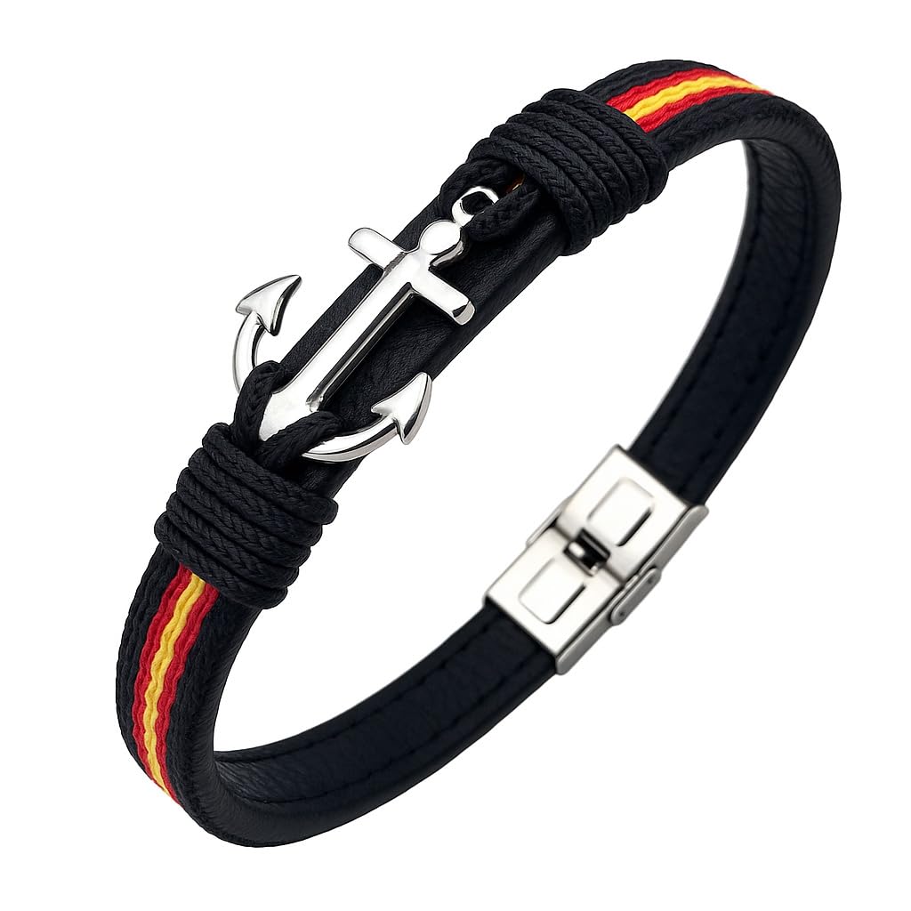 EKONAT-Pulsera España Hombre Acero Inoxidable con Ancla – Brazalete Bandera de España Náutico Ajustable – Joya Artesanal Patriótica Hecha en España