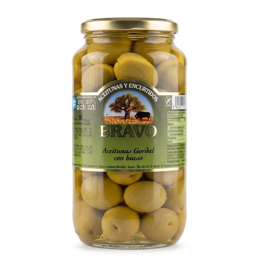 BRAVO Gordal Green Olives with Pit 525g | Large Premium Spanish Olives | Fresh Vegetable Snack | Authentic Table Olives for Tapas, Salads & Mediterranean Cooking