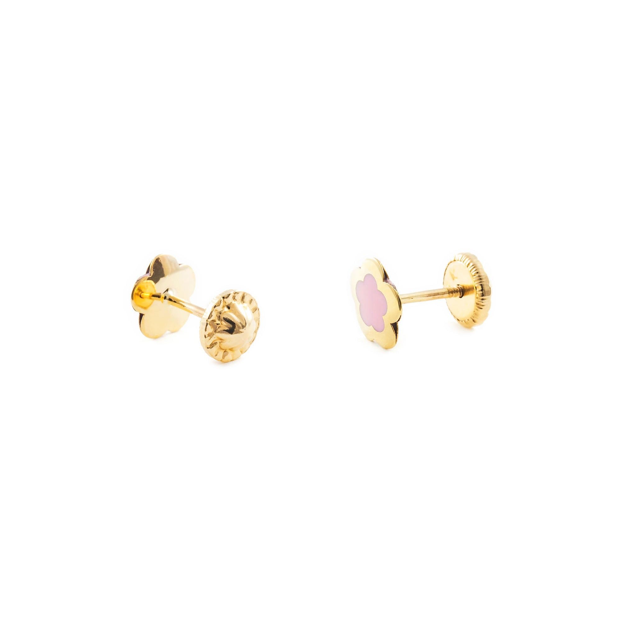 Pendientes Oro Niña Margarita esmalte rosa (9kts) - Estuche Regalo - Certificado de Garantía - Mondepetit
