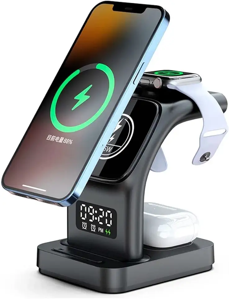 Carregador Sem Fio 5 Em 1 Para iPhone, Para Apple Watch e Para AirPods Estação de Carregamento Rápido Com Relôgio, Despertador e Luz Noturna (Preto)