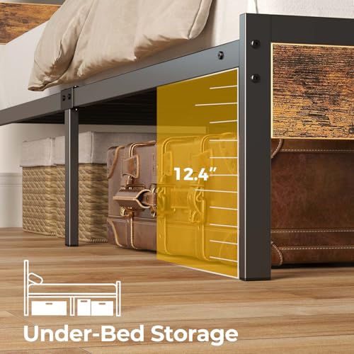 Image of Rolanstar Bed Frame Full Size with USB Charging Station, LED Bed Frame with Wood Storage Headboard, Rustic Brown Metal Platform Bed with Under Bed Storage, No Box Spring Needed, Noise Free
