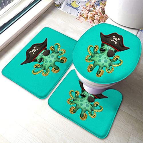 Badezimmerteppich-Set, 3-teilig, niedlicher grüner Baby-Oktopus-Pirat, waschbare Badeteppiche, rutschfest, mit Rückenpolster, Konturteppich und Toilettendeckelbezug