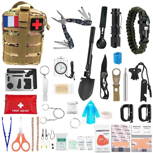 Kit de Survie Ultime Complet 72 en 1 avec Drapeau de France Trousse de Secours d’Urgence pour...