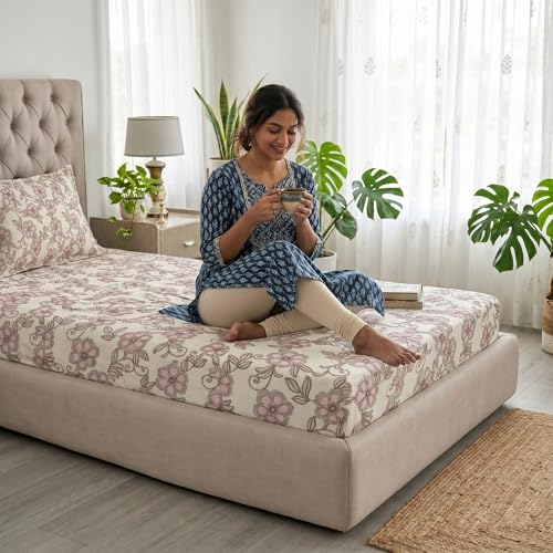 Image of Mafatlal 186 TC Grace Cotton Bedsheet for Single Bed | 90 x 60 Inch | Soft, Breathable & Durable Pure Cotton Fabric | Includes Pillow Cover | Blush Rose